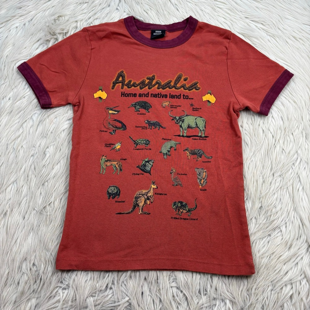 Urban Outfitters Women's S Orange Australia Animal Ringer Baby Tee Whimsy Retro